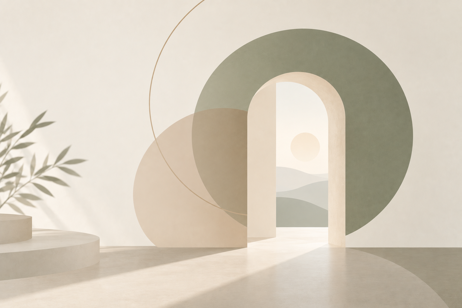 A calm abstract architectural doorway in cream, sand and sage